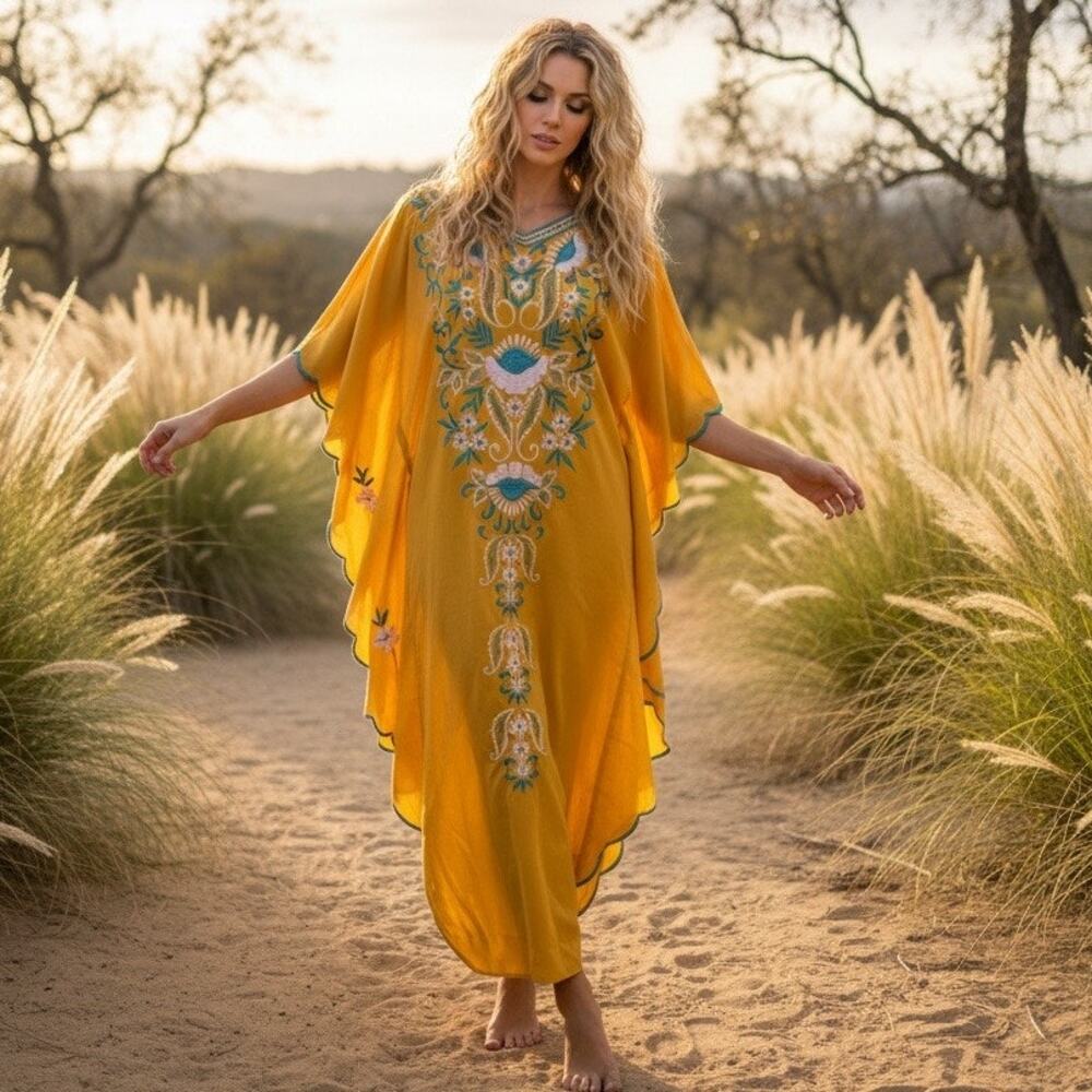Vintage 1970s Heavily Embroidered Marigold Caftan Maxi Dress Boho